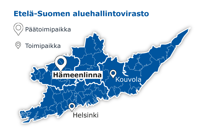 Etelä-Suomen aluehallintoviraston karttakuva, johon merkitty kuntien ja maakuntien maantieteelliset rajaviivat. Päätoimipaikka Hämeenlinnassa, muut toimipaikat Hämeenlinnassa ja Kouvolassa.
